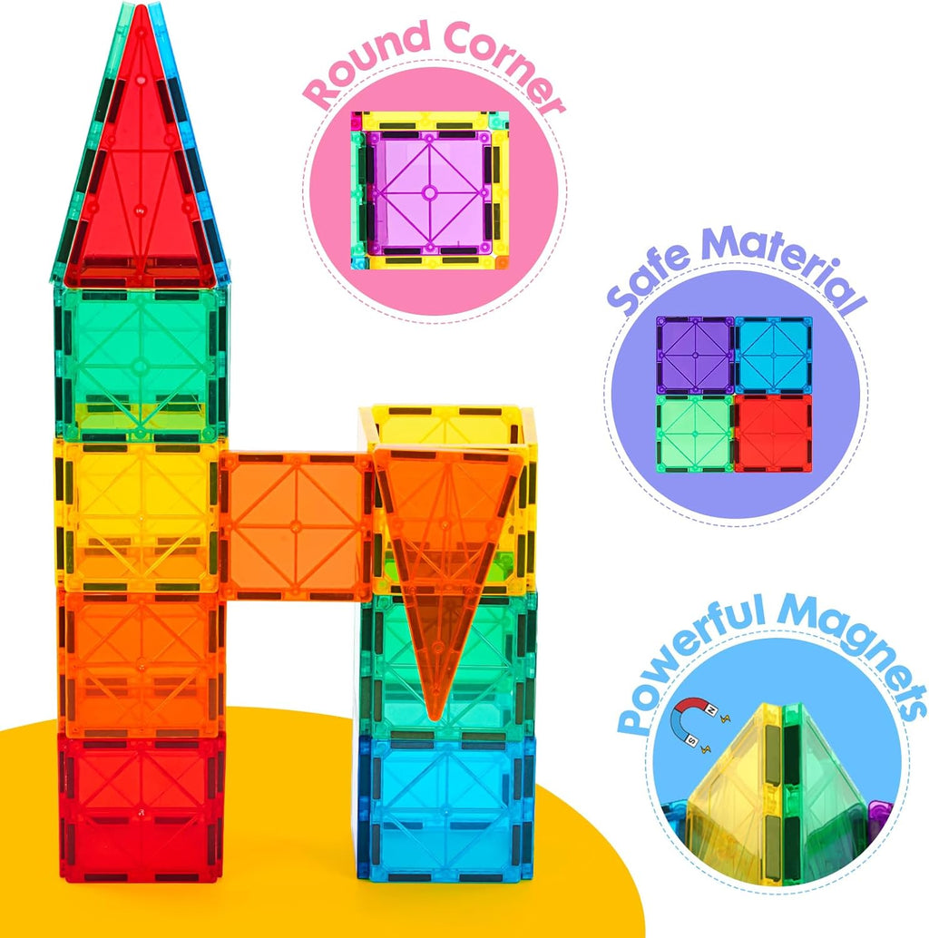 Gemmicc Magnetic Tiles, Deluxe 136 PCS Building Blocks Magnet Toys for Kids,3D Magnet Puzzles Stacking Blocks for Boys Girls,Huge Set with 2 Cars