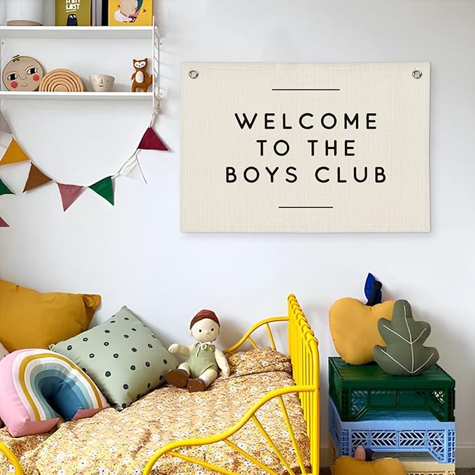 Boys Club Banner, Boys Playroom Kids Room Decor, Playroom Essentials, Linen Banner Kids Tapestry Wall Hanging Flag Decor for Toddler Boy Nursery