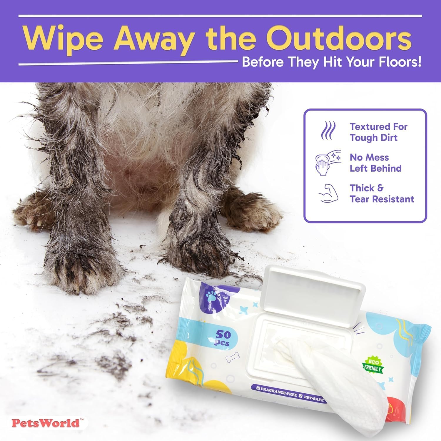 PETSWORLD Pet Wipes for Dogs & Cats, Unscented, Hypoallergenic, Chemical-Free, Biodegradable (98%), Thick & Durable, Textured Grooming Wipes (Unscented, 50 Count)