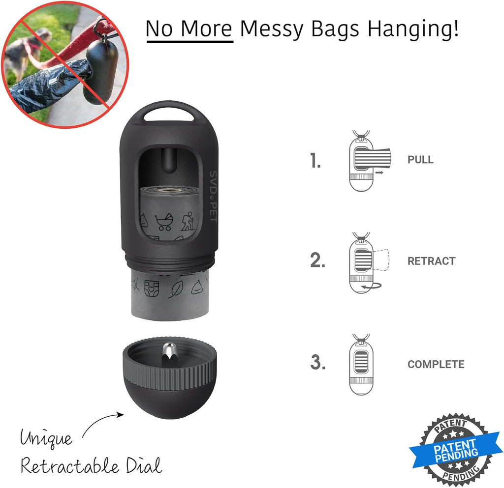 SVD.PET [2-Pack] Retractable Waste Bag Dispensers Gift Set, 2 Pet Waste Bag Holders with 60 large Waste Bags, Dog Walking Accessory Gift Value Pack (Black & Primrose Pink)