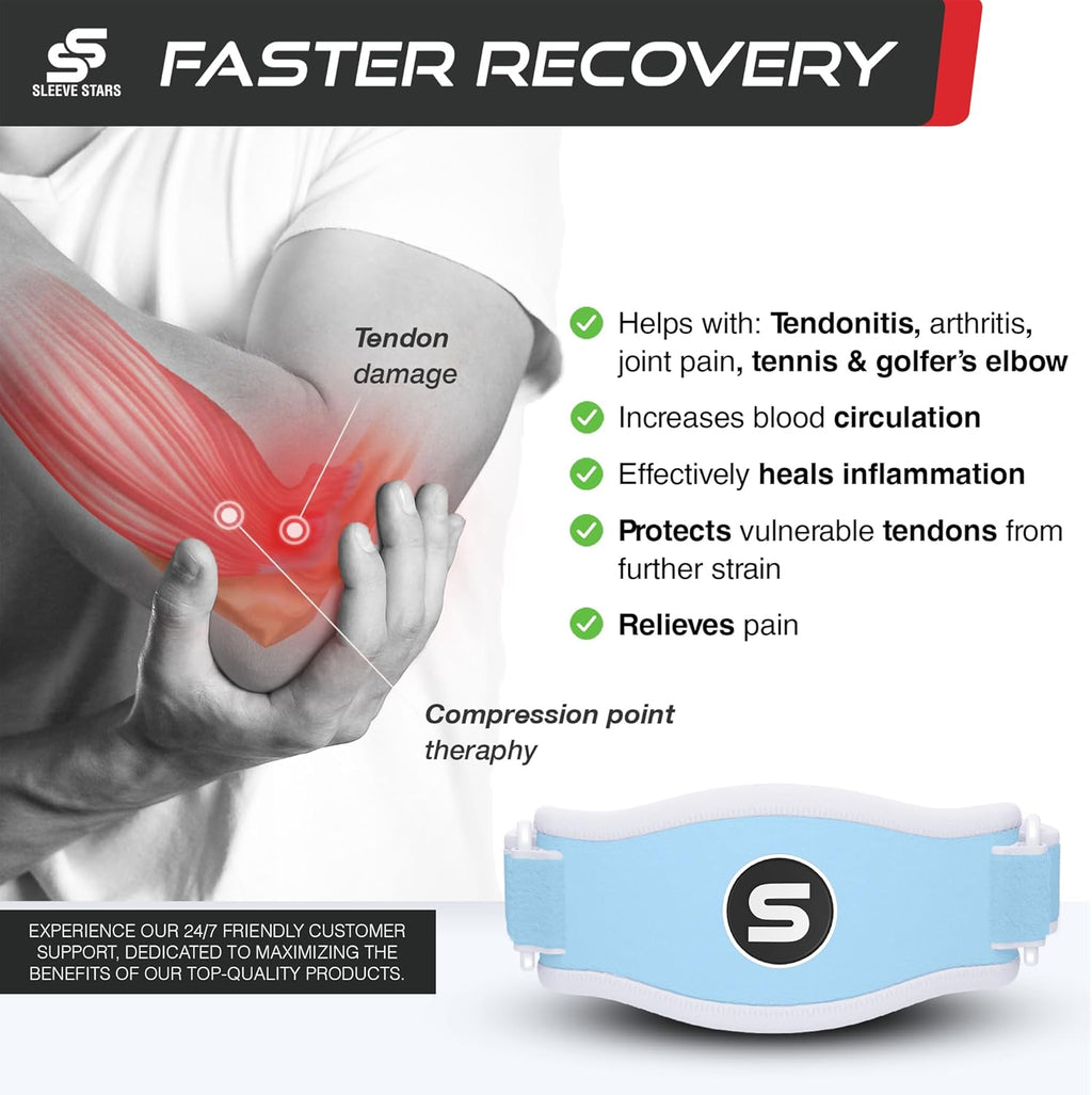Sleeve Stars Tennis Elbow Brace for Men & Women, Tendonitis Elbow Brace & Strap Golfers Elbow Brace Counterforce Band for Tendon Pain Relief & Support for Forearm w/ 3 Straps Fits 9-23" (Pair/Light Blue)