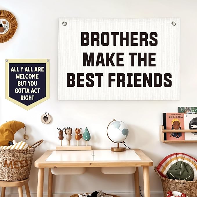 Lacama Boys Room Decor, Brothers Make The Best Friends, Canvas Banner Wall Hanging Flag Decor for Nursery Classroom Playroom Kids Room 30x20 Inch