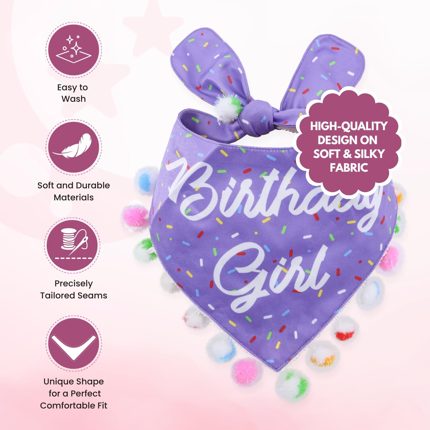 LunaMarie - Luxury Pet Birthday Bandanas -Premium & Silky Poly Fabric | 100% Handmade | Custom Shape Dual Layered (Birthday Girl Purple, Large)