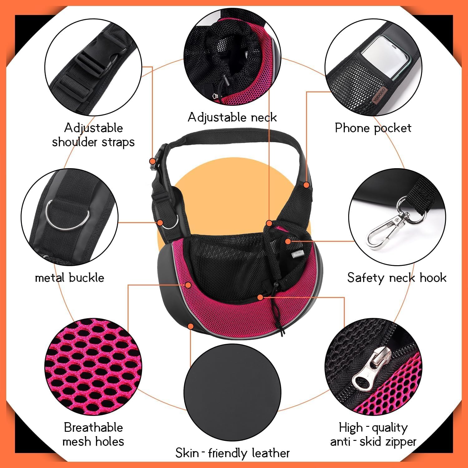 YUDODO Pet Sling Carrier for Small Dogs & Cats – Hands-Free Puppy Carrier with Safety Hook, Large Zipper Pocket, Soft Breathable Mesh, Adjustable Strap & Reflective Strip (Pink 3.0 M)