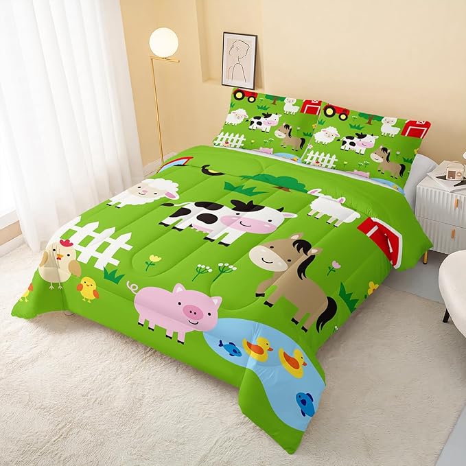 QOOMO Farm Animal Comforter,Pig Cow Sheep Comforter Set for Kids Teens Girls Boys,3Pcs Bedding Set Printed Comforter with 2 Pillowcases,Down Alternative,Soft and Lightweight，Queen Size