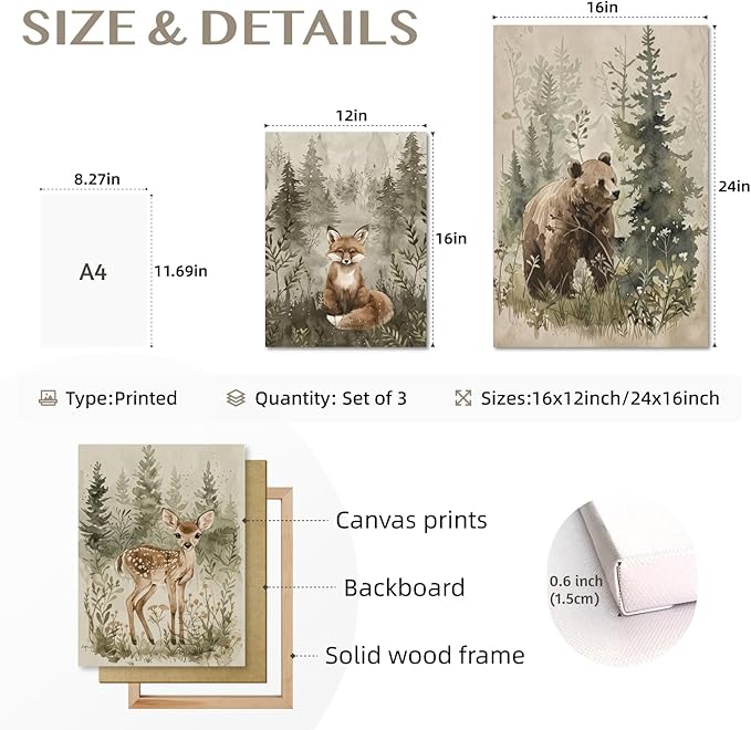 kilamino Framed Woodland Animal Nursery Wall Art, Cute Fox Bear Deer Wall Decor, Neutral Wildlife Animal Art Prints, Funny Nature Forest Animal Canvas Paintings for Baby Room Playroom 12"x16"x3