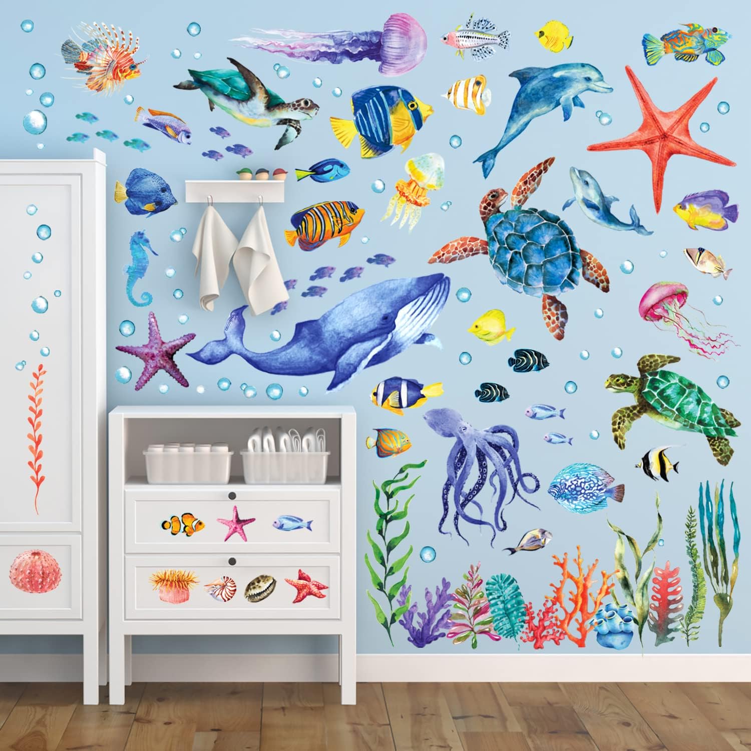 BASHOM DS12-8048 128 Pieces Under The Sea Wall Decals Ocean Fish Stickers Turtle Jellyfish Seaweed Removable for Kids Bedroom Nursery Living Room Home Art Decor Bathroom Baby