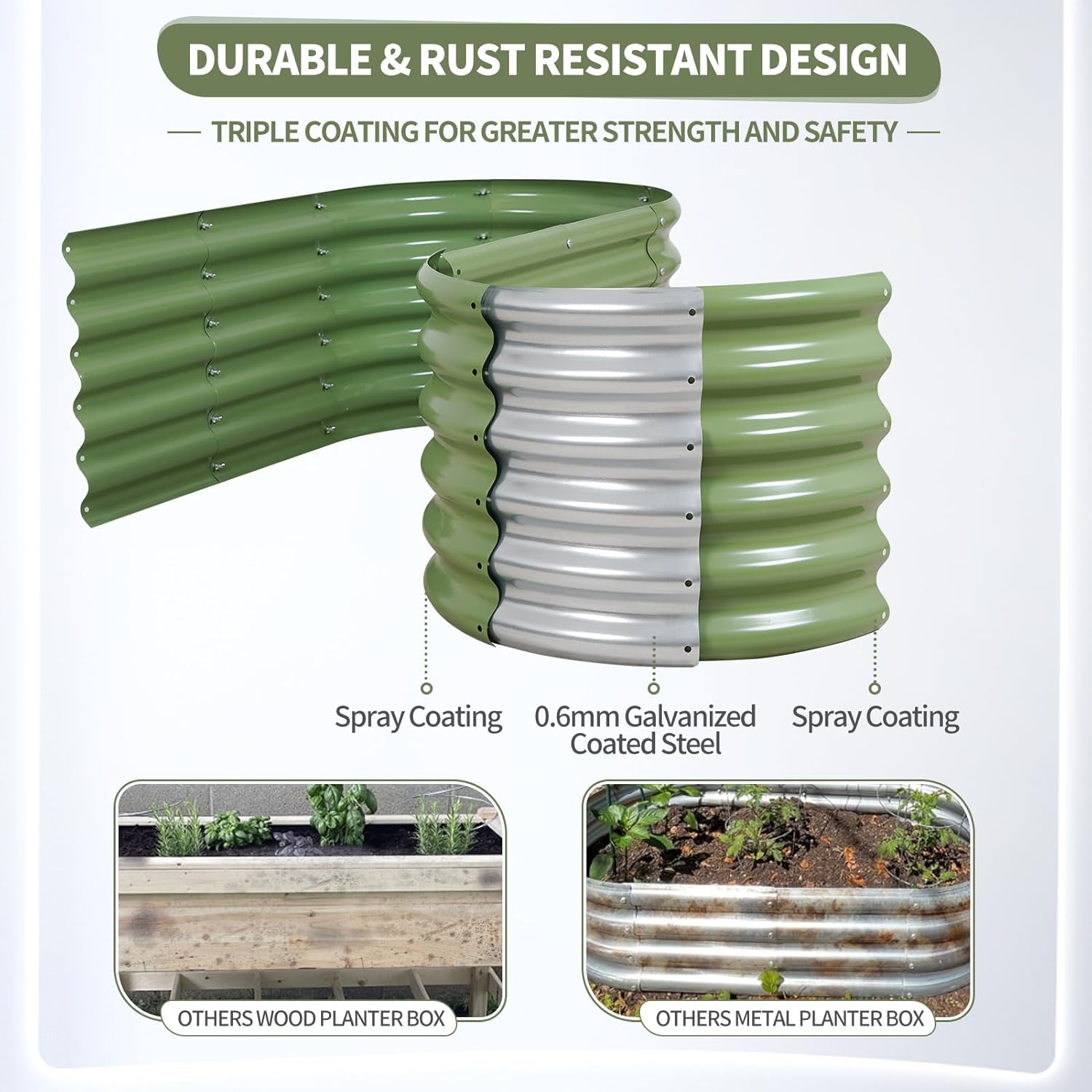 Galvanized Raised Garden Bed - 4x2x1.4FT Metal Planter Boxes Outdoor | Oval Steel Raised Bed Kit for Gardening with Protective Tape, Gloves for Vegetables, Flower, Herb (Green)