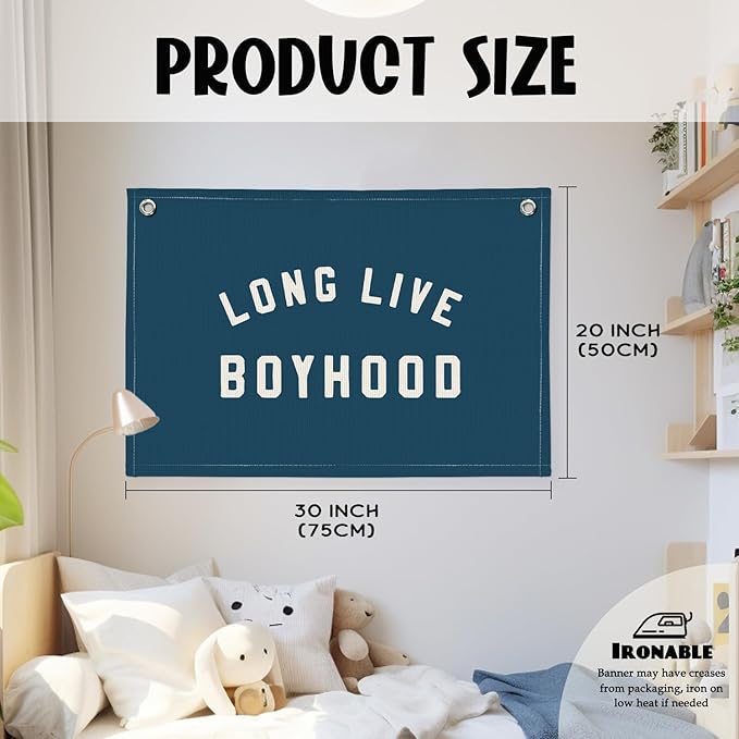 Long Live Boyhood Boys Room Decor - Linen Banner Wall Hanging Canvas Banner Flag Decor for Toddler Boy Room Nursery Playroom - Navy Blue