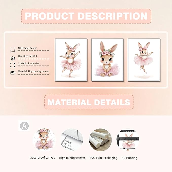 Kusag Baby Girl Nursery Posters Wall Decor, Easter Nursery Canvas Wall Art Paintings Set of 3, Cute Animal Pink Bunny Prints Pictures for Boys and Girls Room, Bedroom, Home Decor 12x16 In Unframed