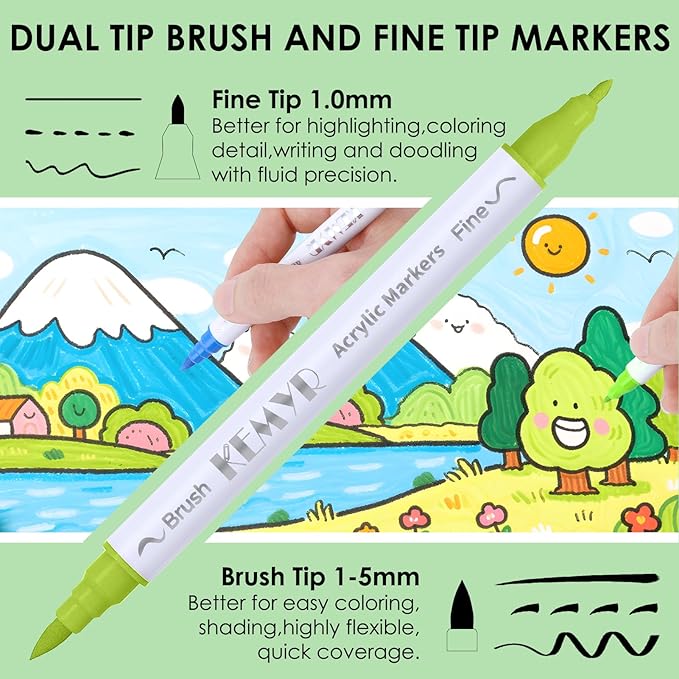 24 Colors Brush & Fine Tip Acrylic Paint Pens, Dual Tip Acrylic Paint Markers for Paper, Wood, Canvas, Stone, Rock, Glass, Fabric, DIY, Ceramic, Art Supplies for Adults Drawing