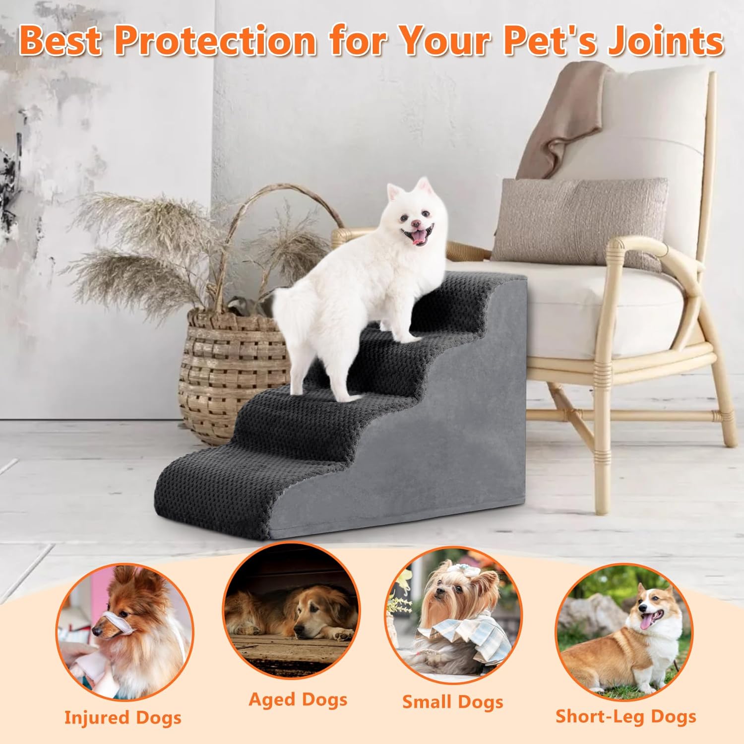 MIHIKK Dog Stairs Ramp, Curved 4-Step Dog Steps for Small Dogs and Cats, Pet Stairs for High Beds and Couch with Anti-Slip Washable Cover and Durable High Density Foam, Dark Grey