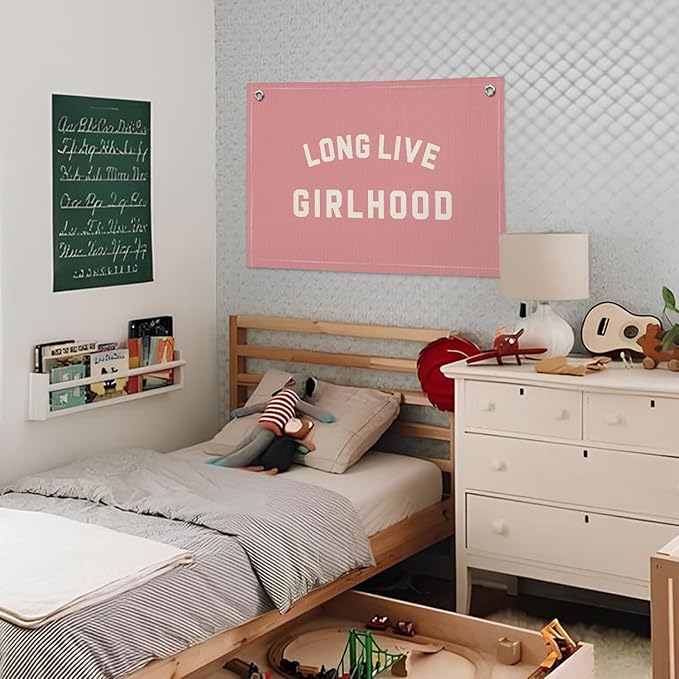 Long Live Girlhood Banner, Girls Baby Nursery Decor, Toddler Girl Room Decor, Pink Girls Room Wall Decor, 30x20 Inch Linen Wall Hanging Canvas Banner Flag - Hot Pink