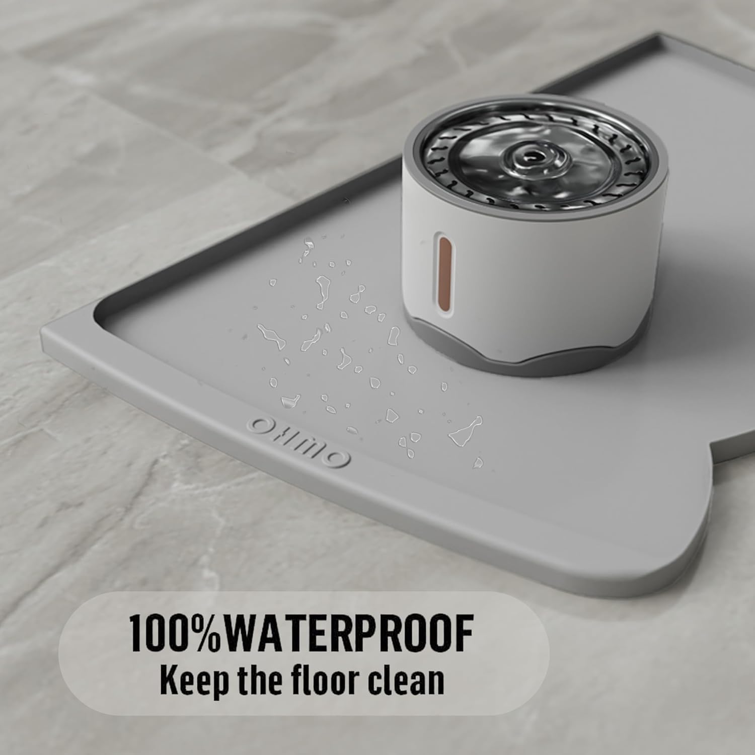 OHMO Dog Food Mat(Ash, 24 * 15'') w/Residue Collection Pocket Silicone Pet Feeding Mat for Floor High Edges Anti Spills Waterproof Cat Water Bowl Tray, Easy Clean Placemat
