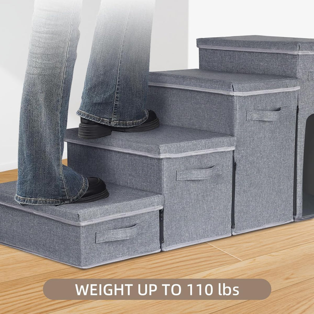 Dog Stairs with Storage, Folding Pet Steps with Zip for Small Dogs and Cats, 4-Step Pet Stairs with Pet House for High Bed, Couch and Car Ramp (Gray, 4 Steps with Condo)