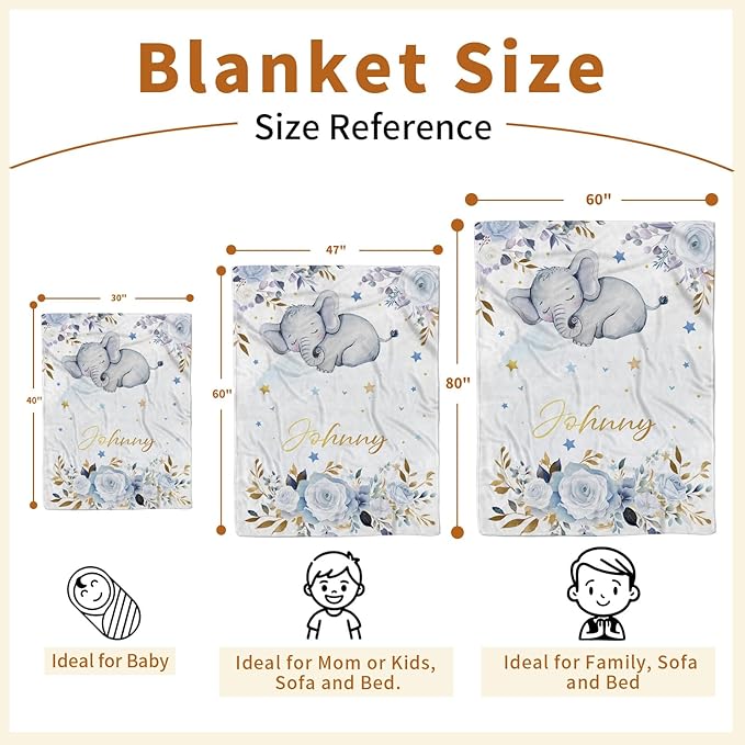 Personalized Baby Blanket for Boys Girls, Custom Baby Blanket with Name, Flannel Blue Elephant Blanket Personalized Gifts for Kids Newborn Infant, Ideal for Birthday Baby Shower(30”x40)