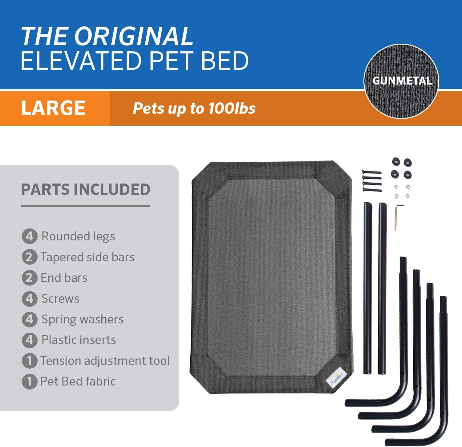Coolaroo Original Elevated Dog Bed - Breathable Off-The-Ground Pet Bed with Cooling Fabric, Joint Relief & Moisture-Resistant Fabric, 100% Recyclable, Easy Clean, Gunmetal, Large