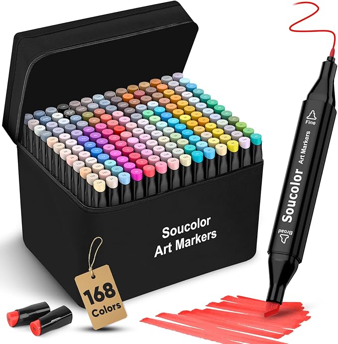 Soucolor Alcohol Based Marker with Case, 168 Colors Dual Tip Permanent Art Markers for Book Painting Card Making Coloring Illustrations Sketch