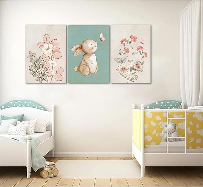 Dytila Framed Nursery Wall Art Set of 3, Pink Flower Botanical Pictures Wall Decor, Green Bunny Paintings, Cute Animal Canvas Prints for Girls and Boys Kids Room, Baby Room Decor 16x24 Inches