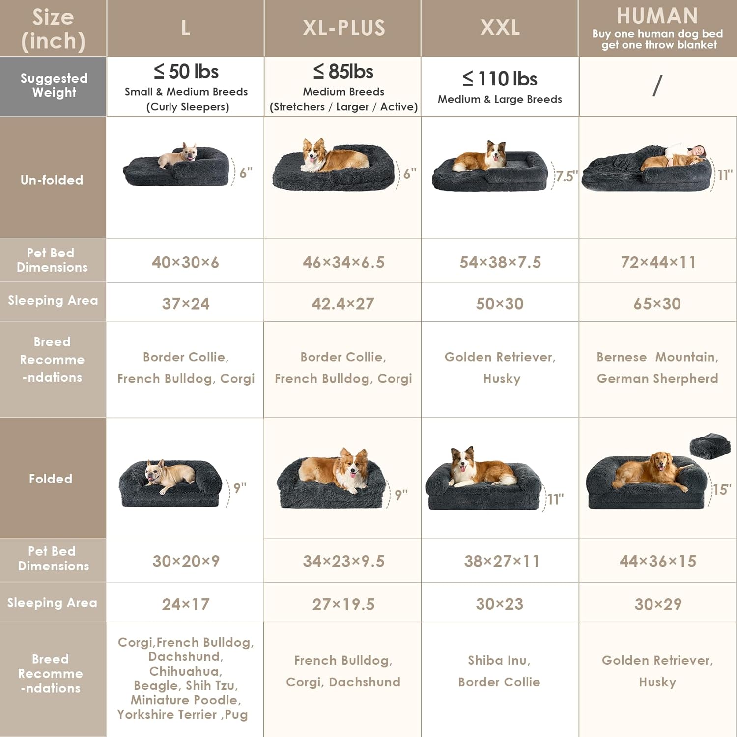 EHEYCIGA Foldable XL Dog Bed, Faux Fur Fluffy Pet Couch Bed for Large Dogs, Orthopedic Calming Memory Foam Big Pet Bed, Washable Soft Pet Sofa Bed with Non-Slip Bottom, Dark Grey, 46"x34"x6.5"