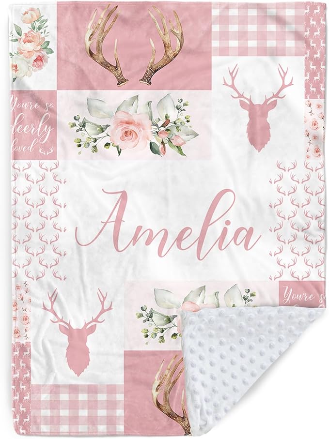 Personalized Baby Blanket with Name, Custom Pink Woodland Deer Blanket for Kids, Soft Flannel Bed Throw Blanket Swaddle for Newborn, Customizable Baby Gift & Nursery Blanket(47" x60)