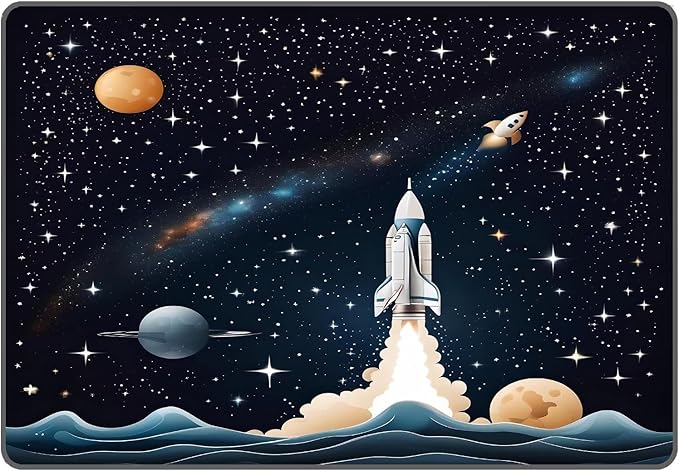 Space Rocket Rug for Boys Room Black Rugs Galaxy Stars Carpet Planet Printed Throw Rugs for Kids Teens Doormat Bedroom Living Room,31 in X 47 in
