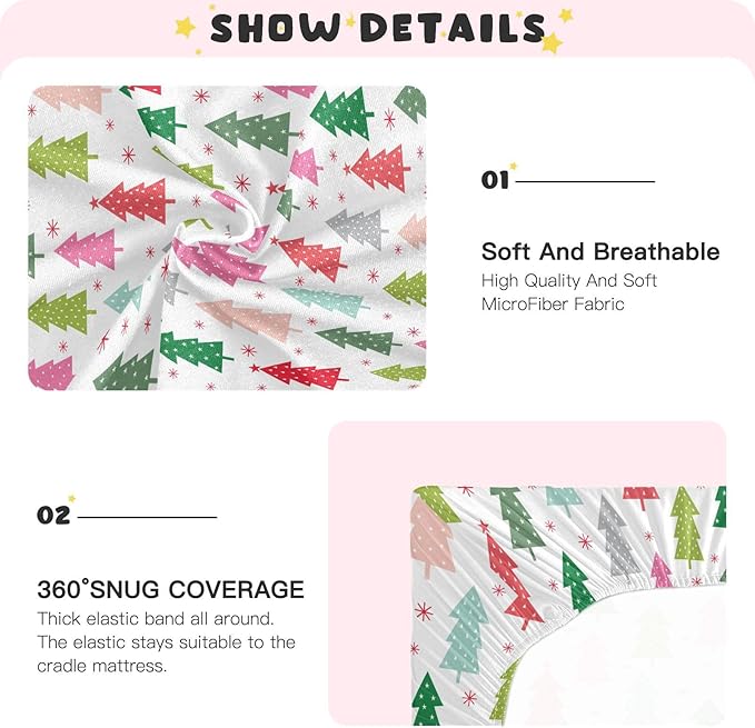 Colorful Christmas Tree Crib Sheets Soft Breathable Fitted Baby Playard Sheets Mattress Cover for Girl Boys, 39" x 27" x 5"