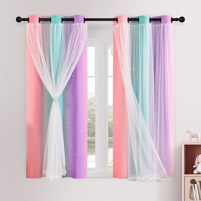 XiDi Kids Pink Curtains for Girls Bedroom 2 Panels Star Cutout Rainbow Blackout Curtains for Nursery Decor Window Treatment Grommet Room Darkening Drapes 63 Inches Long Pink Purple Green W42 x L63