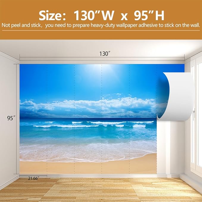 Beach Wall Mural Coastal Landscape Wallpaper for Living Room Bedroom（Not Peel and Stick）