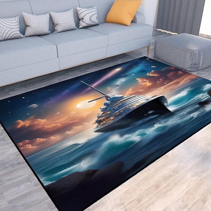Nautical Ship Rug for Kids Room Galaxy Ferry Boat Rugs for Boys Bedroom Ocean Cloud Carpet Sun Planet Printed Throw Rugs for Teens Living Room,39 in x 79 in