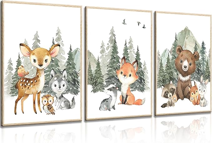 3Pcs Woodland Animal Nursery Canvas Wall Art Forest Adventure Theme Animals Picture Posters Wall Decor Cute Watercolor Deer Bear Fox Painting Print Artwork for Kids Baby Bedroom Decor 12x16in Unframed
