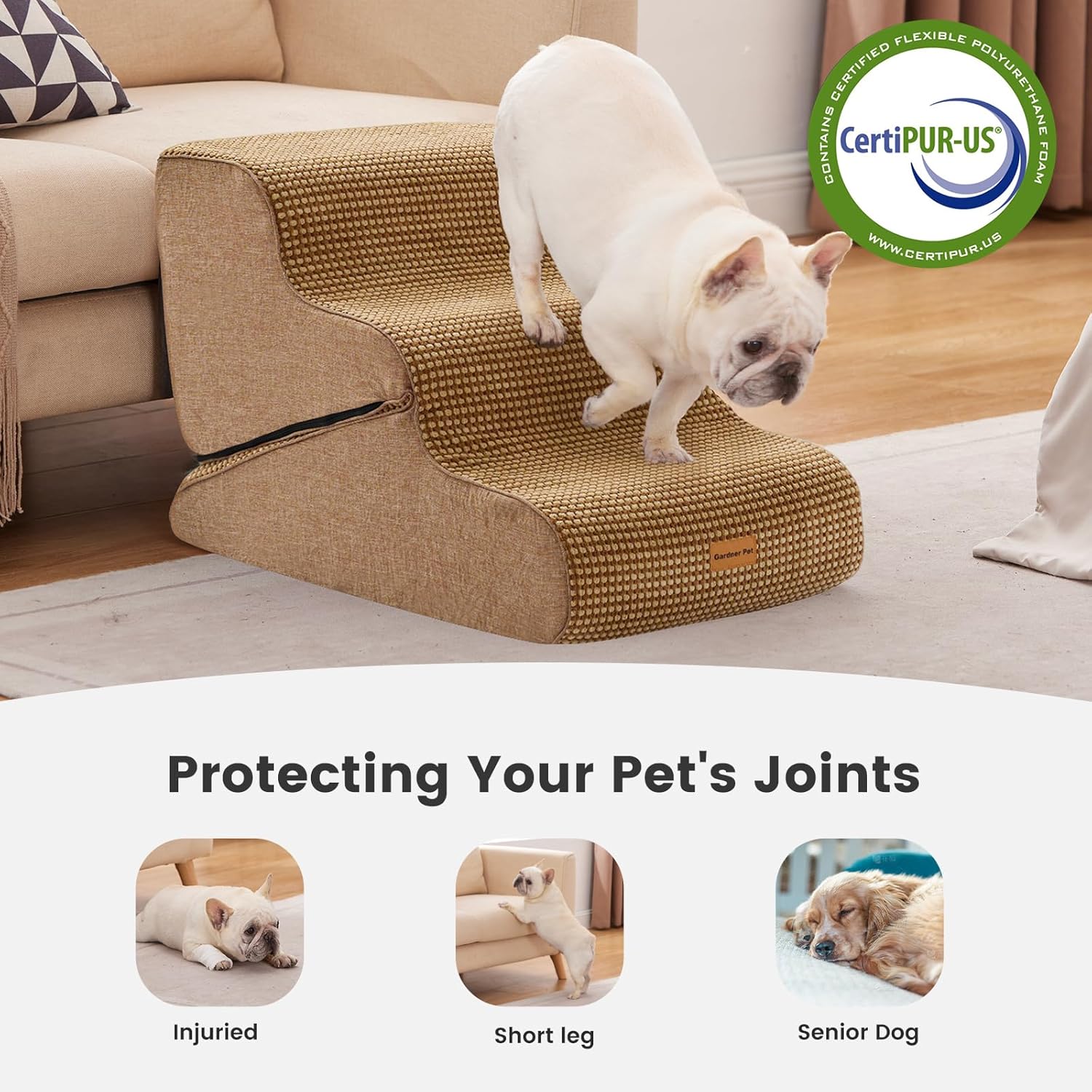 Gardner Pet Dog Stairs for Small Dogs 16.5" H, 2 in 1 Transformable 3-Step Pet Stairs and Dog Ramp for Couch (13-20 in), Brown Adjustable Pet Steps with Non-Slip Waterproof Cover and CertiPUR-US Foam