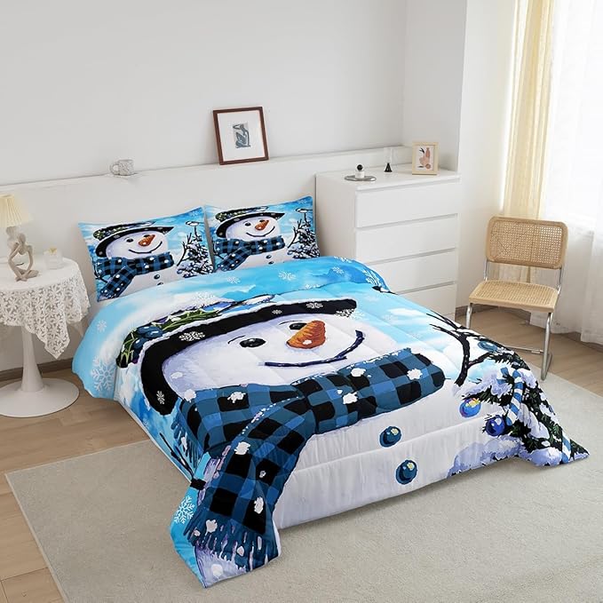 Feelyou Kids Christmas Theme Decorations Bedding Set Xmas Snowman Comforter Set for Boys Girls Snowflake Kawaii Cute Comforter Watercolor Blue Quilt Set Bedroom Collection Toddler Size
