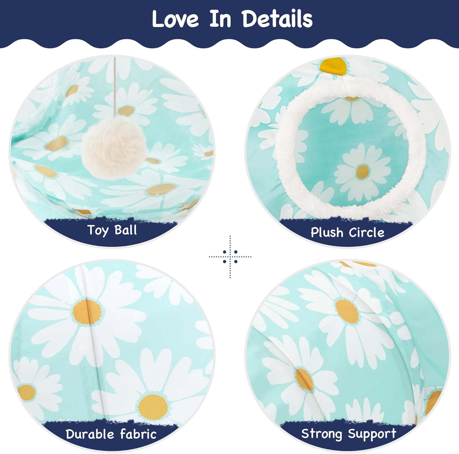 Tempcore Pet Cat Tunnel Tube Cat Toys 3 Way Collapsible, Cat Tunnels for Indoor Cats，Kitty Tunnel Bored Pet Toys Peek Hole Toy Ball, Puppy, Kitty, Kitten, Rabbit Daisy Blue Printed