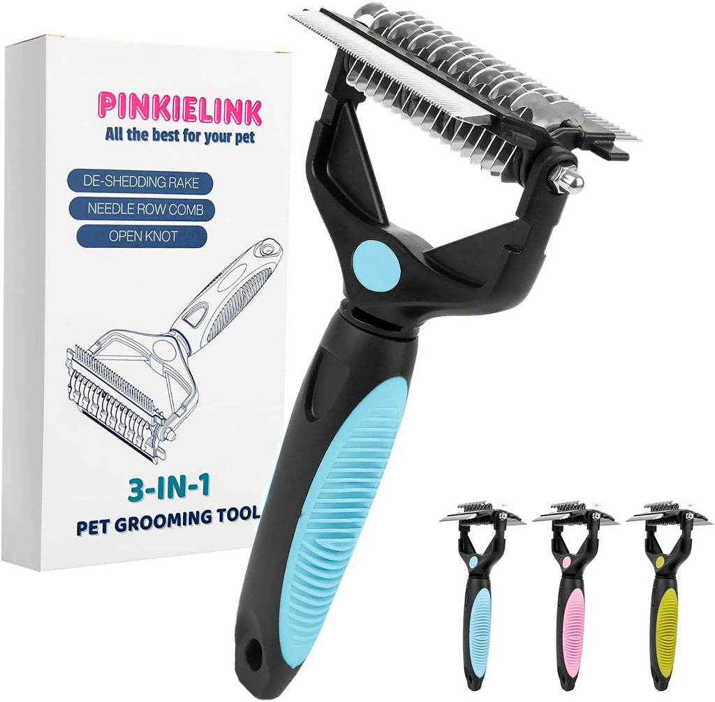 3-IN-1 Pet Grooming Tool - Undercoat Rake, Dematting Comb & Deshedding Brush for Cats & Dogs - Removes Mats, Tangles & Loose Fur, Reduces Shedding & Prevents Hair Mess (Blue)