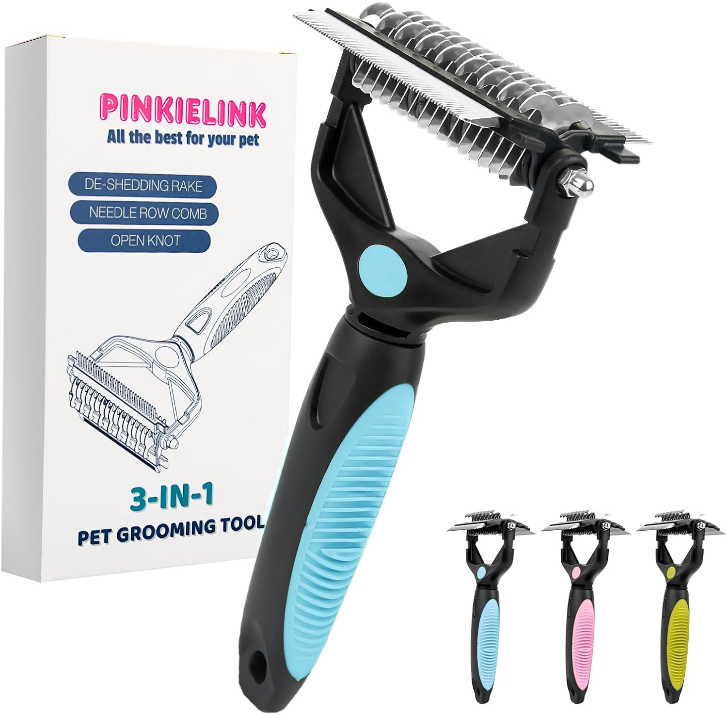 3-IN-1 Pet Grooming Tool - Undercoat Rake, Dematting Comb & Deshedding Brush for Cats & Dogs - Removes Mats, Tangles & Loose Fur, Reduces Shedding & Prevents Hair Mess (Blue)