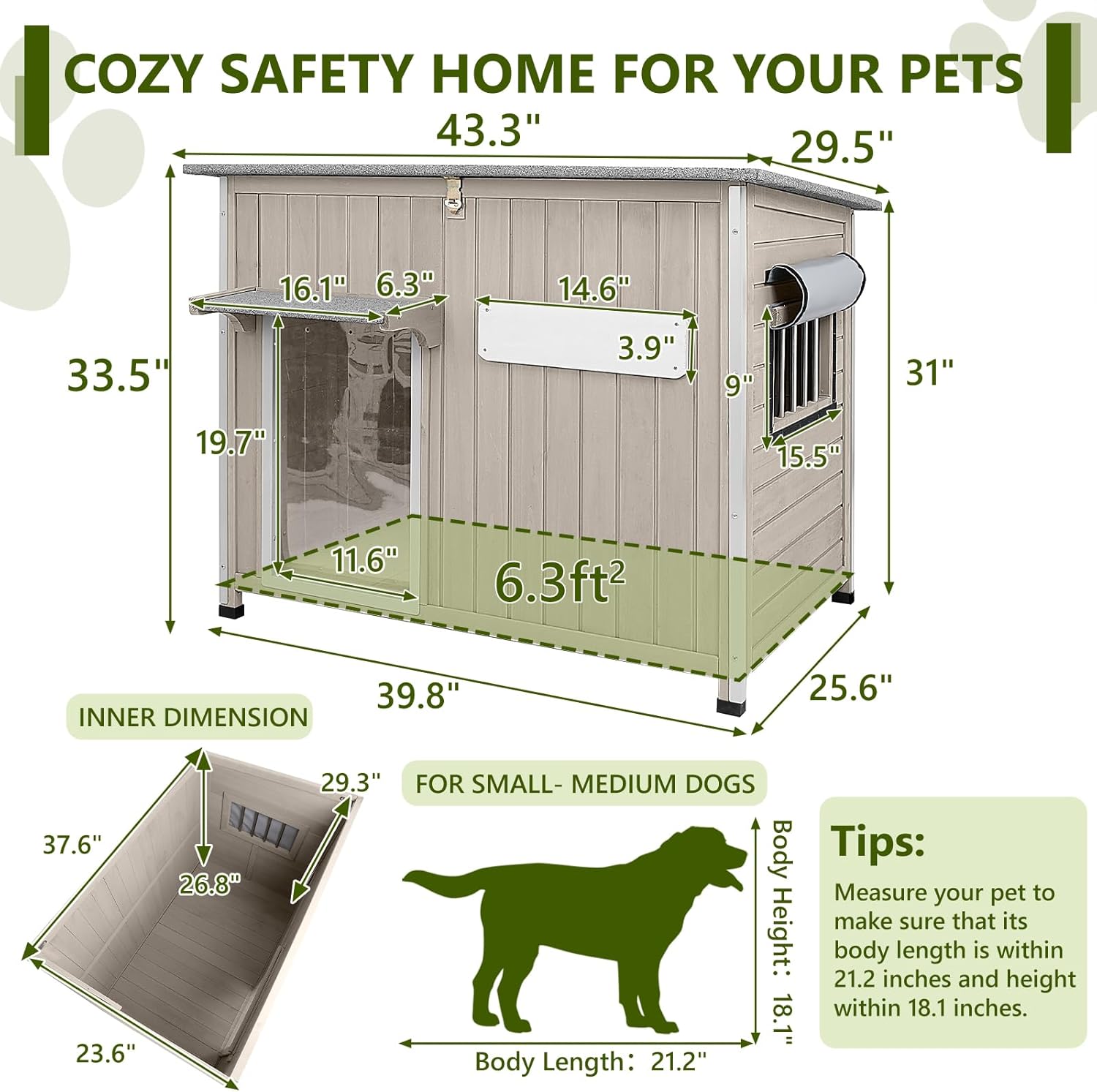 Large Dog House Outdoor XL Wooden Dog House with Weatherproof Asphalt Roof, Chew-Resistant Frame, Removable Floor, for Medium to Large Dogs Indoor Outdoor Use (Grey, 43.3"L x 29.5"W x 33.5"H)