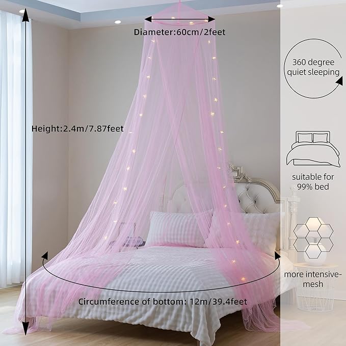 lazyzzz Bed Canopy for Girls with Glowing Stars, Canopy Bed Curtains Dome Mosquito Net for Queen King Size Kids Bed, Princess Room Decor Ceiling Tent for Baby Crib and Adult Bed
