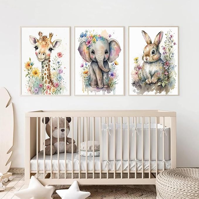 3Pcs Baby Watercolor Safari Animals Nursery Canvas Wall Art Cute Jungle Animals with Wildflower Picture Posters Wall Decor Giraffe Elephant Rabbit Painting Print Artwork for Kids Children Room 16x24in