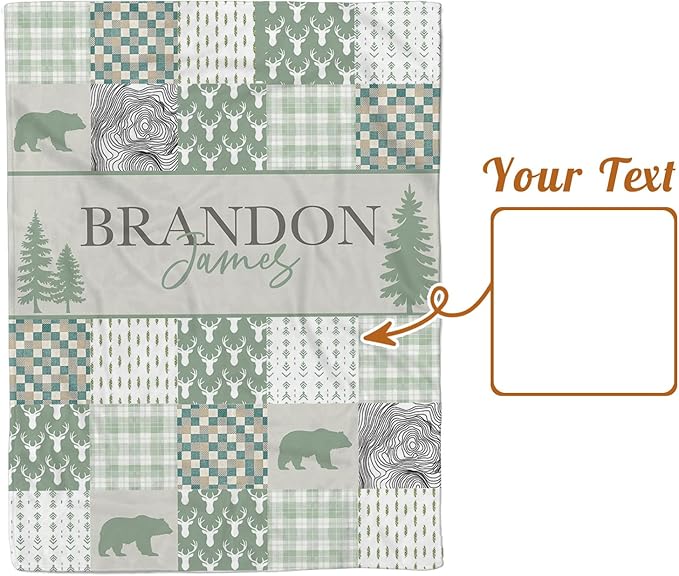 Personalized Rustic Woodland Baby Blanket - Custom Name Bear & Deer Design, Soft Blanket with Double Layer Dotted Backing for Infants Toddlers, Ideal Nursery Decor (47" x60)