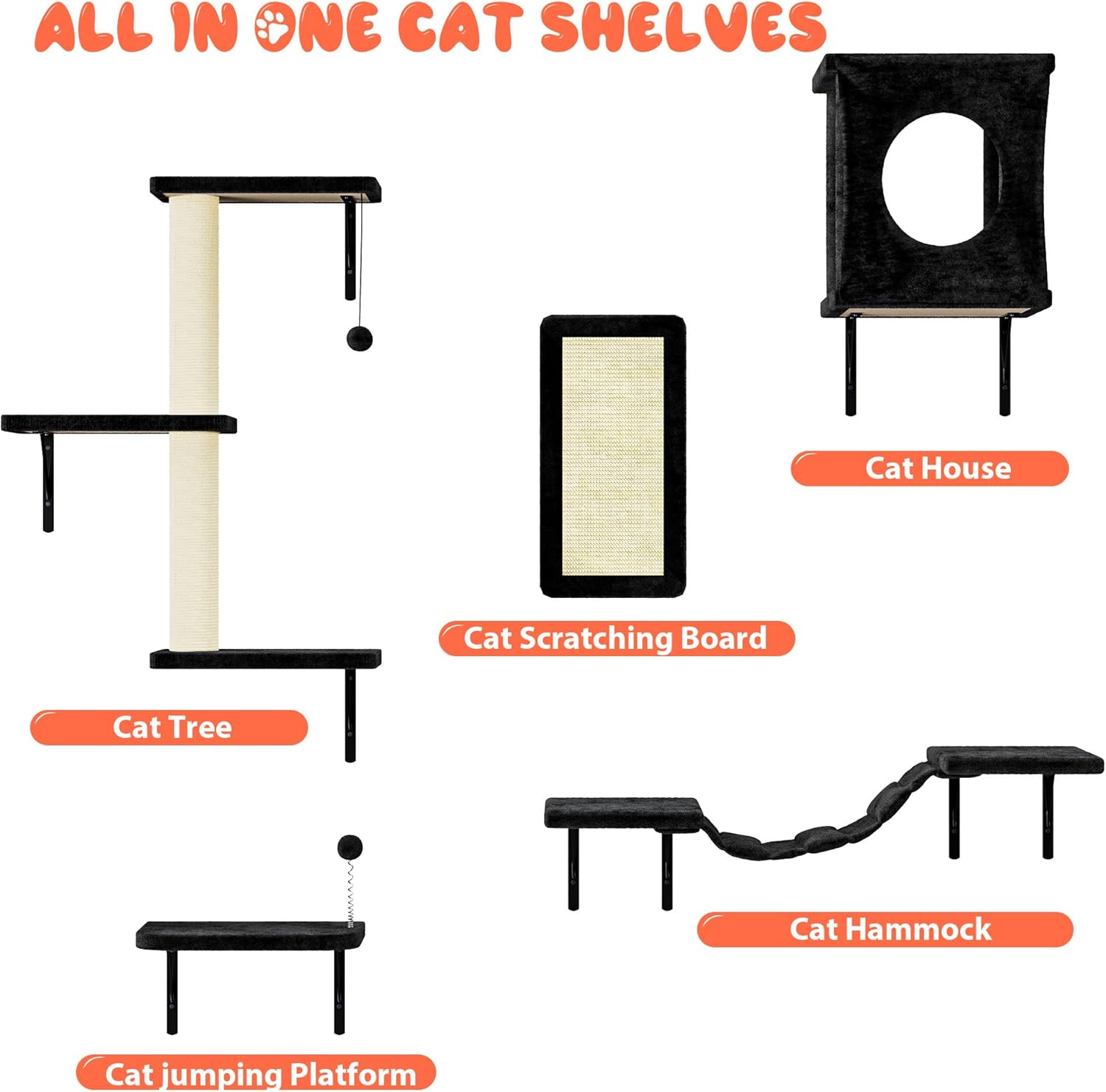 NUNU LAB Wall Mounted Cat Furniture, 5 Pcs Cat Wall Shelves with House, Bridge, Steps, Scratching Post, Shelves, Indoor Safe & Stable Furniture for Kittens Play, Black
