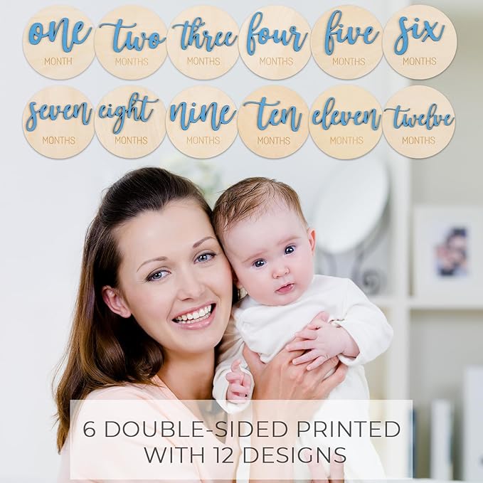 Baby Monthly Milestone Discs for Boy: Milestone Marker Circles Wooden Cards from 1-12 Months for Photo Props - Newborn Age Signs for Gifts
