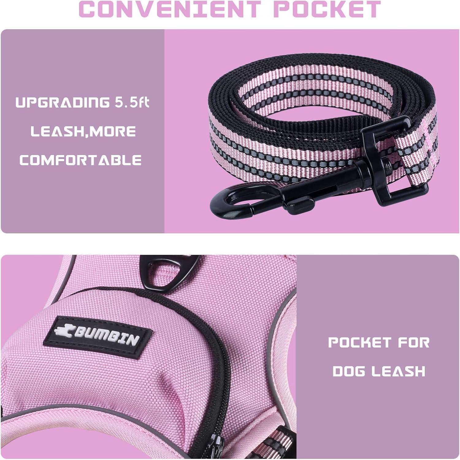 BUMBIN Dog Harness for Large Dogs, No Pull Adjustable No Choke Pet Vest with Dog Leash Fit Smart Reflective Pet Walking Harness for Training Easy Control Soft Handle Pink L