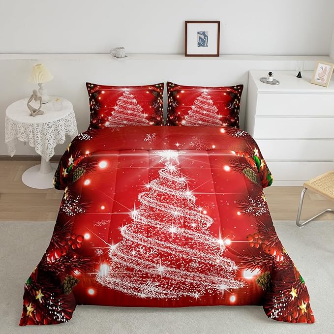 Feelyou Kids Merry Christmas Decorations Comforter Set, Kids Santa Tree Bedding Set King Size for Boys Girls Teens Xmas Christmas Bell Decor Comforter Glitter Red Quilt Set
