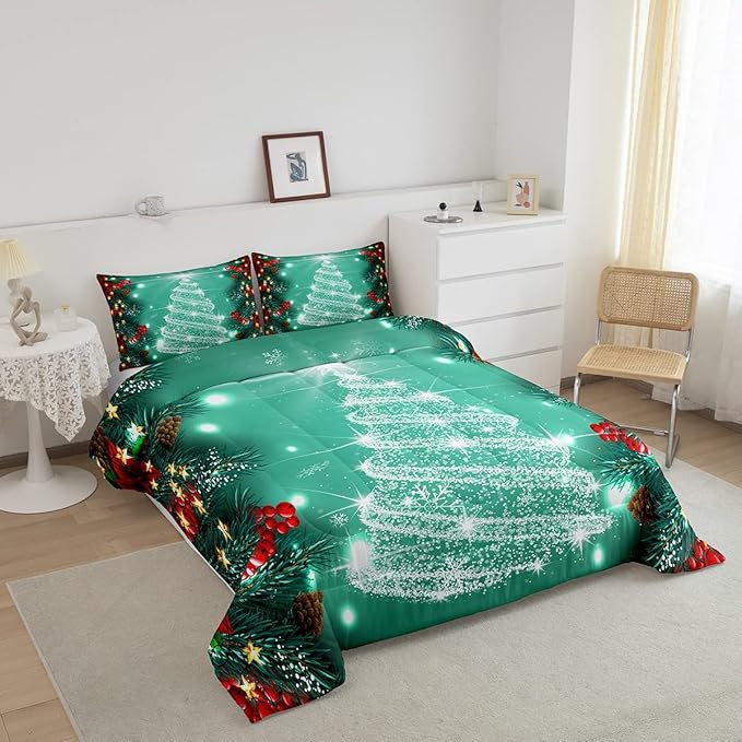 Feelyou Merry Christmas King Size Comforter Set Kids Santa Tree Glitter Bedding Comforter for Boys Girls Xmas Christmas Bell Decor,1 Comforter + 2 Pillow Cases