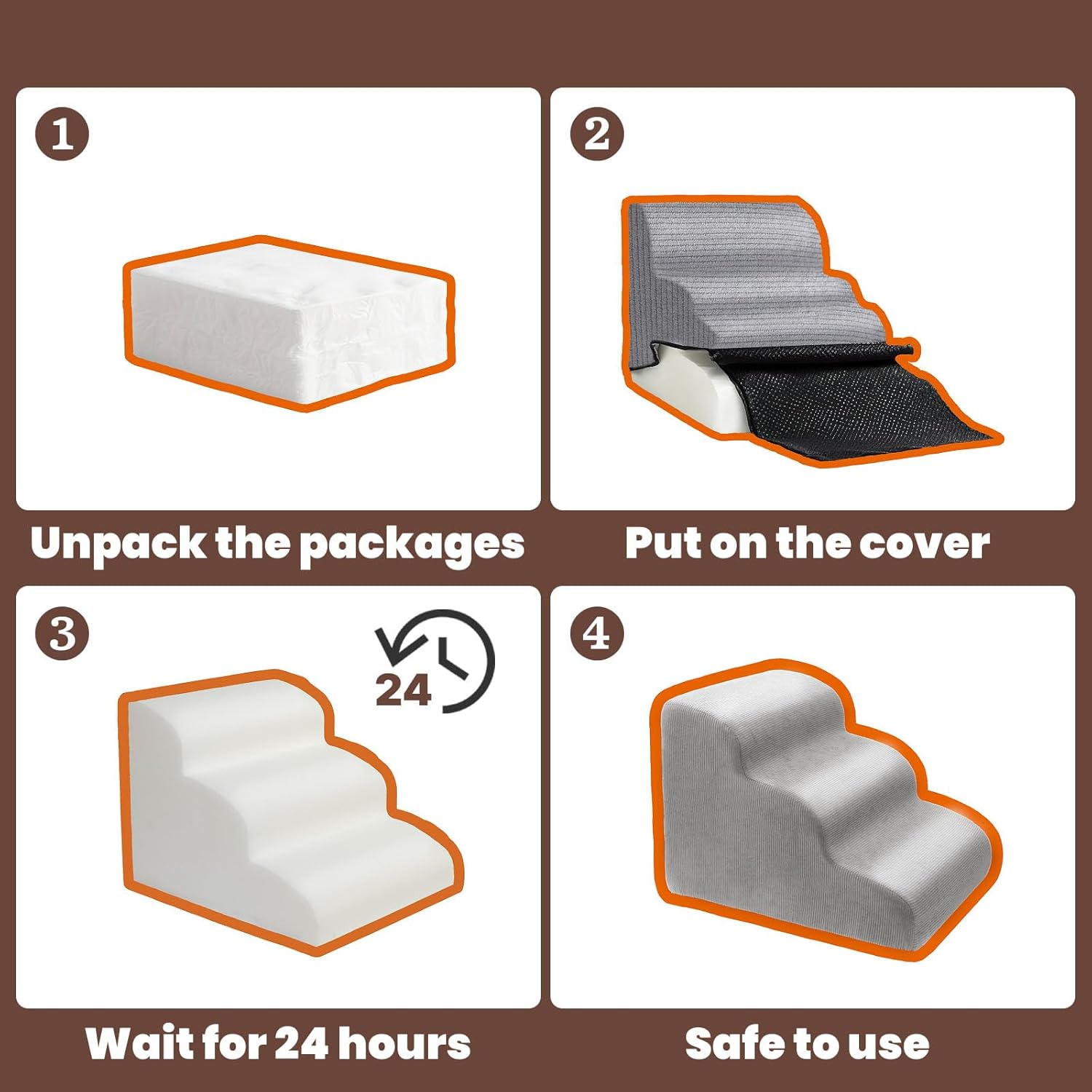 MEWANG Dog Stairs for Small & Medium Dogs and Old Cats –3/4/ 5 Steps High-Density Foam Pet Ramp for Bed & Couch, Non-Slip, Washable Cover, Grey (Round Corner, 5 Steps: 29.92''×22.83''×15.75'', 2)