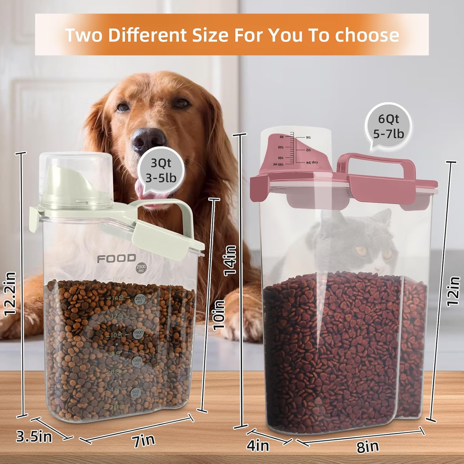 Dog Food Storage Container, Upgraded Large Nozzle BPA-free, 8-12 LBS Plastic Pet Food Storage Containers, With 4 Sealed Clasps, 1 Measuring Cup and Handle (1, Rose Pink, 5L)