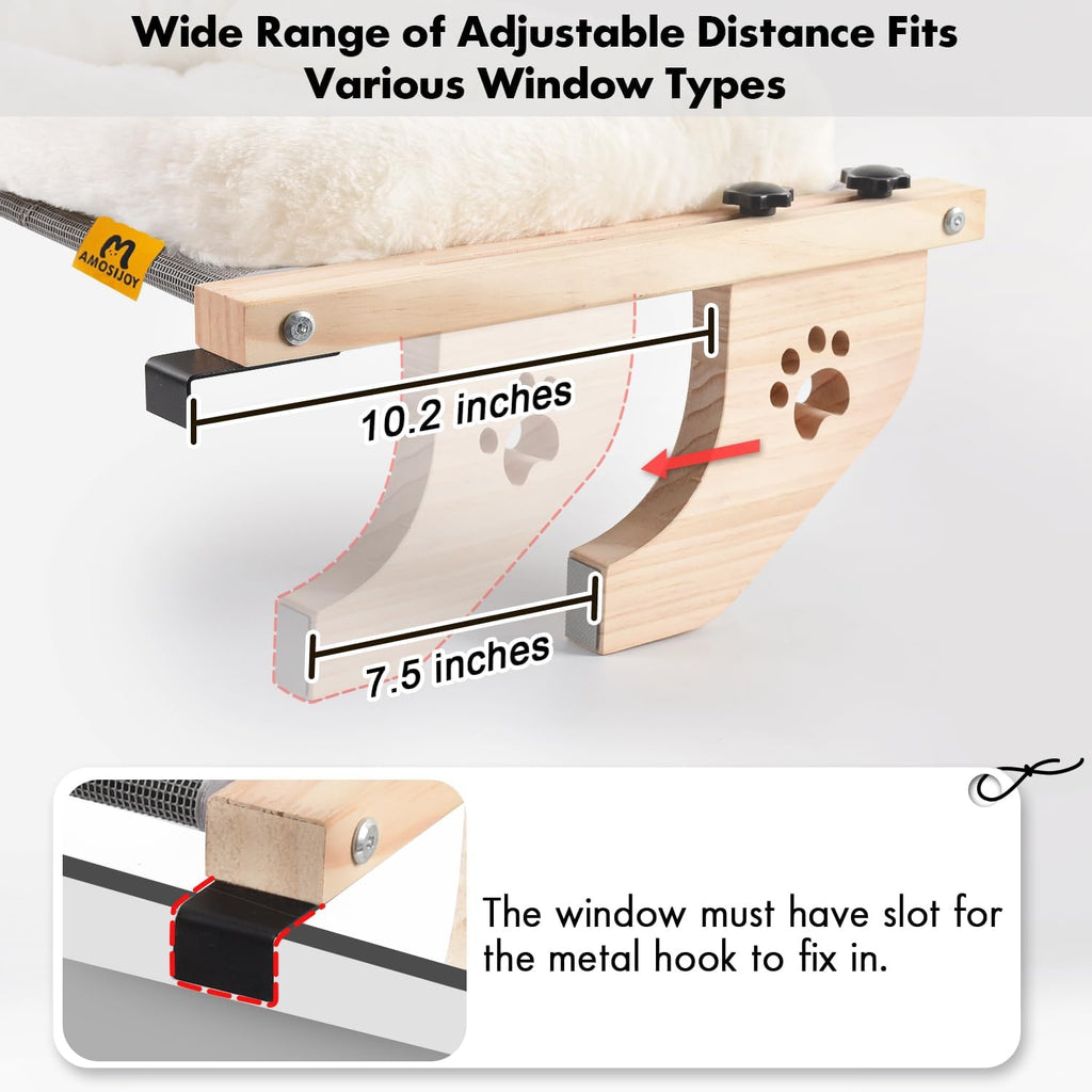 AMOSIJOY Cat Sill Window Perch Sturdy Hammock Seat with Cushion Bed Cover, Wood & Metal Frame for Large Cats, Easy to Adjust Windowsill, Bedside, Drawer and Cabinet (L)