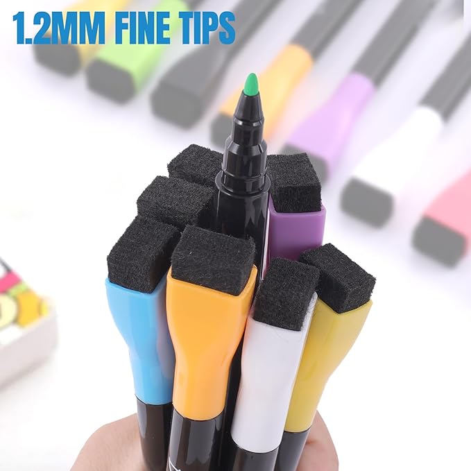 8 Dry erase markers,Bright colors can be clearly seen on light and dark backgrounds,Suitable for writing on acrylic calendars, magnetic whiteboards, dry erase boards,Pen cap with magnetic and eraser