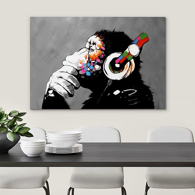 SIGNWIN Framed Canvas Wall Art Banksy Thinking Monkey with Headphones Graffiti & Street Art Famous People Pop Art Modern Urban Multicolor for Living Room, Bedroom, Office - 24x36 inches